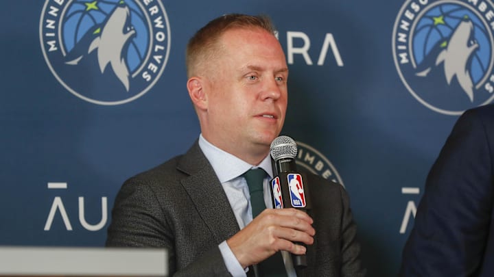 Jun 28, 2022; Minneapolis, MN, USA; Minnesota Timberwolves president of basketball operations Tim Connelly answers questions at a press conference to introduce the 2022 draft picks at Target Center. Mandatory Credit: Bruce Kluckhohn-Imagn Images