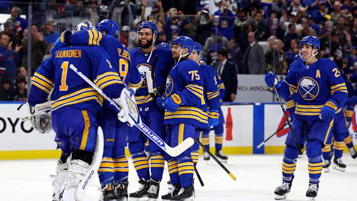 Nov 9, 2024; Buffalo, New York, USA; The Buffalo Sabres celebrate a shootout win over the Calgary Flames at KeyBank Center. Mandatory Credit: Timothy T. Ludwig-Imagn Images Nov 9, 2024; Buffalo, New York, USA; The Buffalo Sabres celebrate a shootout win over the Calgary Flames at KeyBank Center. Mandatory Credit: Timothy T. Ludwig-Imagn Images