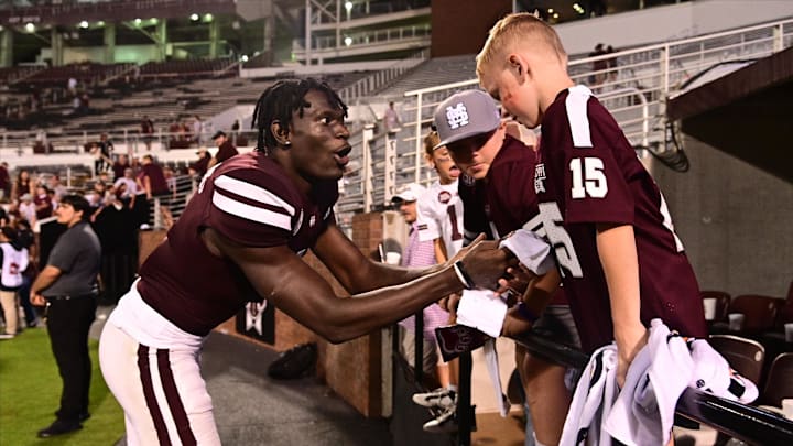 Mississippi State Bulldogs cornerback Kelley Jones (1) reacts with fans after the game against the Eastern Kentucky Colonels at Davis Wade Stadium at Scott Field. Mississippi State Bulldogs cornerback Kelley Jones (1) reacts with fans after the game against the Eastern Kentucky Colonels at Davis Wade Stadium at Scott Field.