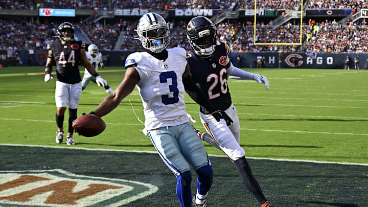 Dallas Cowboys wide receiver George Pickens (3) reacts after scoring a touchdown against the Chicago Bears. Dallas Cowboys wide receiver George Pickens (3) reacts after scoring a touchdown against the Chicago Bears.