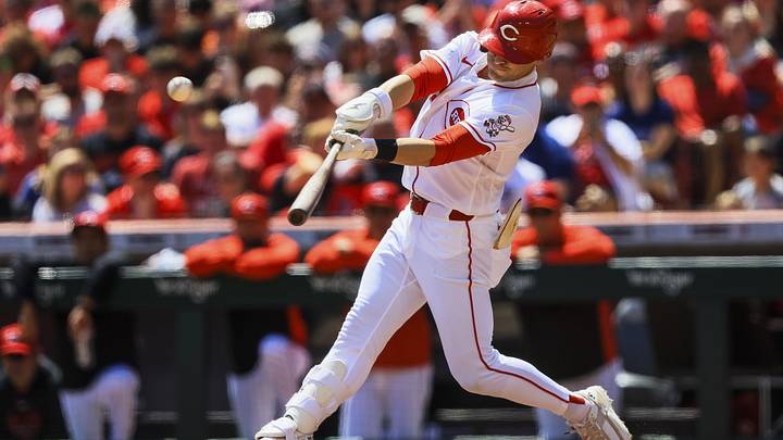Apr 26, 2026; Cincinnati, Ohio, USA; Cincinnati Reds outfielder TJ Friedl (29) hits a triple in the third inning against the Detroit Tigers at Great American Ball Park. Mandatory Credit: Katie Stratman-Imagn Images Apr 26, 2026; Cincinnati, Ohio, USA; Cincinnati Reds outfielder TJ Friedl (29) hits a triple in the third inning against the Detroit Tigers at Great American Ball Park. Mandatory Credit: Katie Stratman-Imagn Images