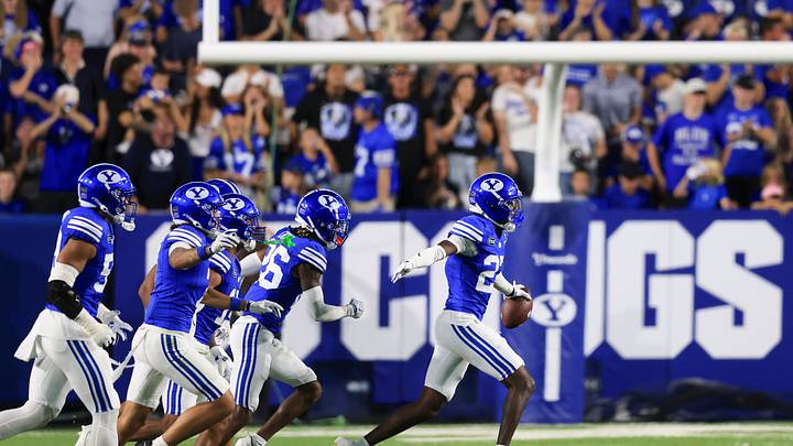 Sep 5, 2026; Provo, Utah, USA;  BYU Cougars defensive back Matthias Leach (27) reacts after making an interception against the Utah Tech Trailblazers during the second half at LaVell Edwards Stadium.  Mandatory Credit: Rob Gray-Imagn Images