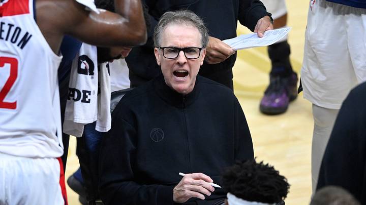 Oct 28, 2026; Cleveland, Ohio, USA;  Washington Wizards head coach Brian Keefe reacts during a timeout in the fourth quarter against the Cleveland Cavaliers at Rocket Arena.  Mandatory Credit: David Richard-Imagn Images