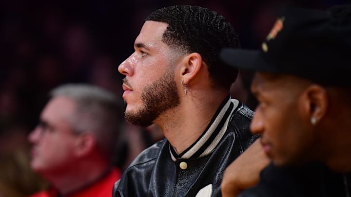 Jan 25, 2024; Los Angeles, California, USA; Chicago Bulls guard Lonzo Ball (2) watches game action against the Los Angeles Lakers during the second half at Crypto.com Arena. Mandatory Credit: Gary A. Vasquez-USA TODAY Sports