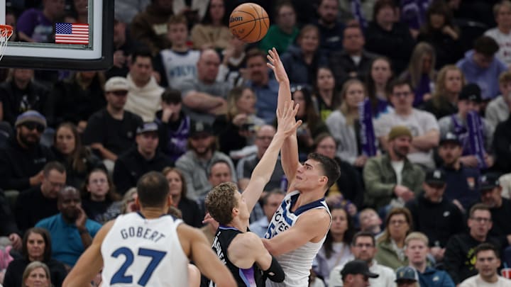 Minnesota Timberwolves center Luka Garza shoots the ball over Utah Jazz forward Lauri Markkanen during the second quarter at Delta Center in Salt Lake City on Jan. 30, 2025. Minnesota Timberwolves center Luka Garza shoots the ball over Utah Jazz forward Lauri Markkanen during the second quarter at Delta Center in Salt Lake City on Jan. 30, 2025.