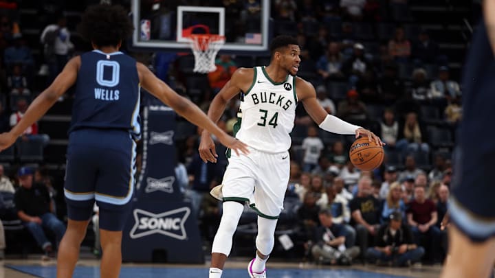 Oct 31, 2024; Memphis, Tennessee, USA; Milwaukee Bucks forward Giannis Antetokounmpo (34) dribbles during the first half against the Memphis Grizzlies at FedExForum. Mandatory Credit: Petre Thomas-Imagn Images