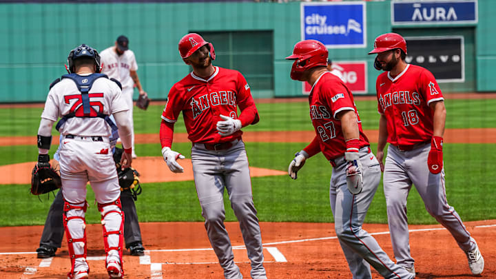 Jun 4, 2025; Boston, Massachusetts, USA; Los Angeles Angels outfielder Taylor Ward (3) is congratulated after hitting a three run home run against the Boston Red Sox in the first inning at Fenway Park. Mandatory Credit: David Butler II-Imagn Images Jun 4, 2025; Boston, Massachusetts, USA; Los Angeles Angels outfielder Taylor Ward (3) is congratulated after hitting a three run home run against the Boston Red Sox in the first inning at Fenway Park. Mandatory Credit: David Butler II-Imagn Images