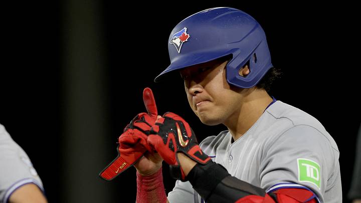 Sep 8, 2026; West Sacramento, California, USA;  Toronto Blue Jays third baseman Kazuma Okamoto (7) gestures towards the dugout after hitting a single against Athletics pitcher Chris Roycroft (not pictured) during the sixth inning at Sutter Health Park.  Mandatory Credit: Dennis Lee-Imagn Images