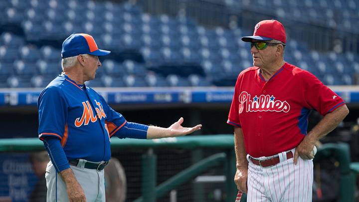 Jul 15, 2016; Philadelphia, PA, USA; New York Mets manager Terry Collins (L) talks with Philadelphia Phillies bench coach Larry Bowa (R) prior to action at Citizens Bank Park. Mandatory Credit: Bill Streicher-Imagn Images Jul 15, 2016; Philadelphia, PA, USA; New York Mets manager Terry Collins (L) talks with Philadelphia Phillies bench coach Larry Bowa (R) prior to action at Citizens Bank Park. Mandatory Credit: Bill Streicher-Imagn Images