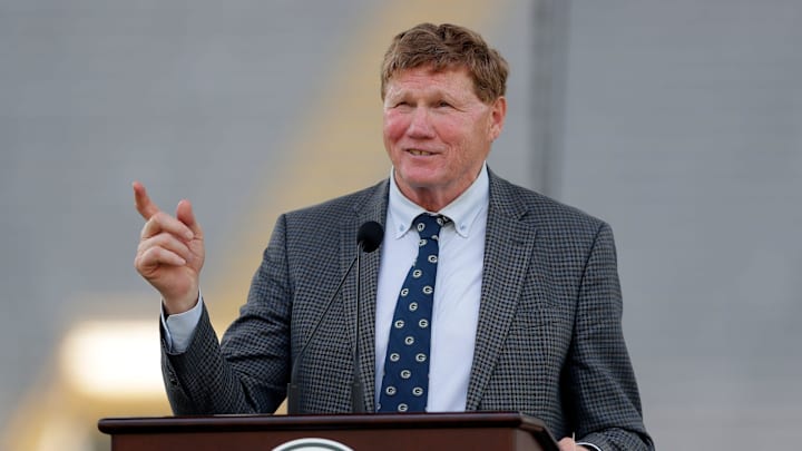 Former Green Bay Packers president and CEO Mark Murphy speaks during the Green Bay Packers annual shareholders meeting on July 25, 2025, at Lambeau Field in Green Bay, Wis.