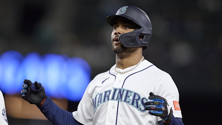 Apr 21, 2026; Seattle, Washington, USA; Seattle Mariners center fielder Julio Rodríguez (44) reacts after a single against the Athletics during the seventh inning at T-Mobile Park. Mandatory Credit: John Froschauer-Imagn Images