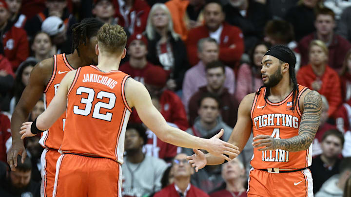 Jan 14, 2025; Bloomington, Indiana, USA; Illinois Fighting Illini guard Kasparas Jakucionis (32) high-fives Illinois Fighting Illini guard Kylan Boswell (4) during the first half against the Indiana Hoosiers at Simon Skjodt Assembly Hall. Mandatory Credit: Robert Goddin-Imagn Images Jan 14, 2025; Bloomington, Indiana, USA; Illinois Fighting Illini guard Kasparas Jakucionis (32) high-fives Illinois Fighting Illini guard Kylan Boswell (4) during the first half against the Indiana Hoosiers at Simon Skjodt Assembly Hall. Mandatory Credit: Robert Goddin-Imagn Images