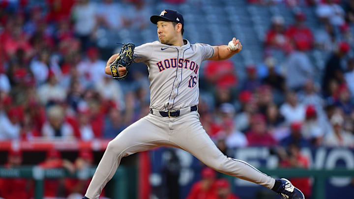 Houston Astros pitcher Yusei Kikuchi (16) throws against the Los Angeles Angels during the first inning at Angel Stadium on Sept 13. Houston Astros pitcher Yusei Kikuchi (16) throws against the Los Angeles Angels during the first inning at Angel Stadium on Sept 13.