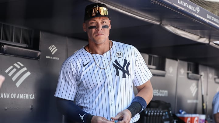Sep 15, 2024; Bronx, New York, USA;  New York Yankees center fielder Aaron Judge (99) prepares to take the field against the Boston Red Sox at Yankee Stadium. Mandatory Credit: Wendell Cruz-Imagn Images