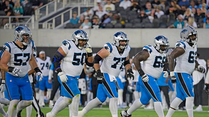 Monroe Freeling (57), guard Robert Hunt (50), center Luke Fortner (77), guard Damien Lewis (68), and tackle Rasheed Walker Monroe Freeling (57), guard Robert Hunt (50), center Luke Fortner (77), guard Damien Lewis (68), and tackle Rasheed Walker