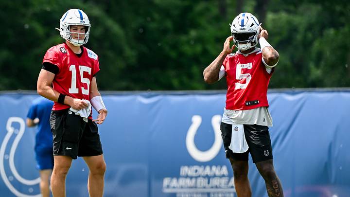 Indianapolis Colts quarterback Riley Leonard (15) and Indianapolis Colts quarterback Anthony Richardson Sr. (5) participate in a drill during minicamp at Indiana Farm Bureau Football Center. Indianapolis Colts quarterback Riley Leonard (15) and Indianapolis Colts quarterback Anthony Richardson Sr. (5) participate in a drill during minicamp at Indiana Farm Bureau Football Center.
