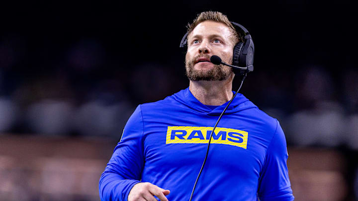 Dec 1, 2024; New Orleans, Louisiana, USA;  Los Angeles Rams head coach Sean McVay looks on against the New Orleans Saints during the second half at Caesars Superdome. Mandatory Credit: Stephen Lew-Imagn Images