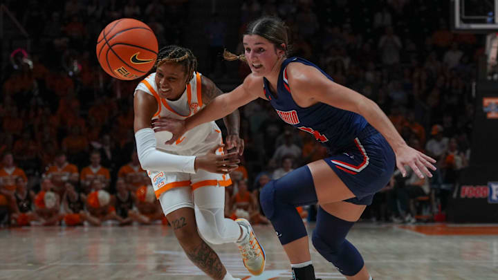 UT Martin's guard Kenley McCarn (44) pushes against Tennessee guard Ruby Whitehorn (2) during a NCAA basketball game between Tennessee Lady Vols and UT Martin at Thomspson-Boling Arena at Food City Center on Thursday, November 7, 2024.