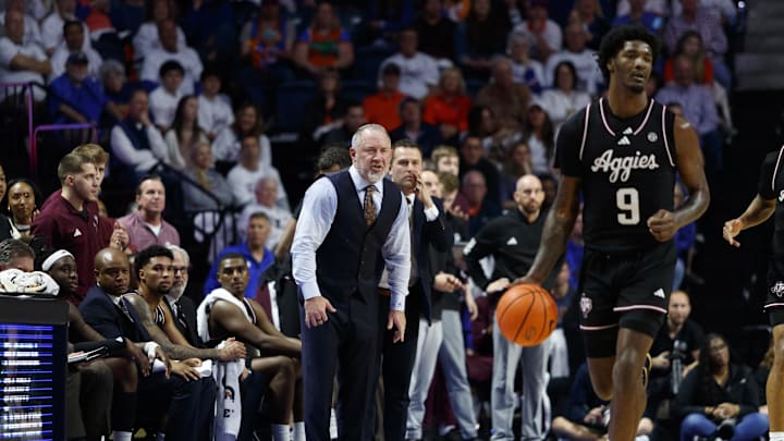 Mar 1, 2025; Gainesville, Florida, USA; Texas A&M Aggies head coach Buzz Williams watches the game against Florida Gators during the first half at Exactech Arena at the Stephen C. O'Connell Center. Mandatory Credit: Morgan Tencza-Imagn Images