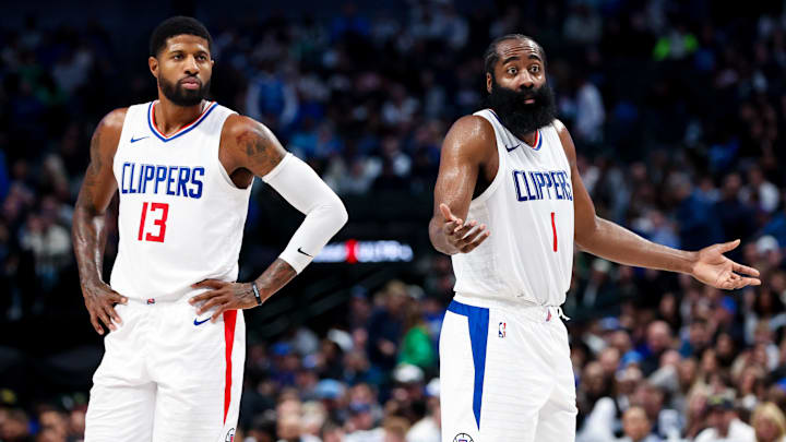 Nov 10, 2023; Dallas, Texas, USA;  LA Clippers guard James Harden (1) and LA Clippers forward Paul George (13) react against during the second half against the Dallas Mavericks at American Airlines Center. Mandatory Credit: Kevin Jairaj-USA TODAY Sports