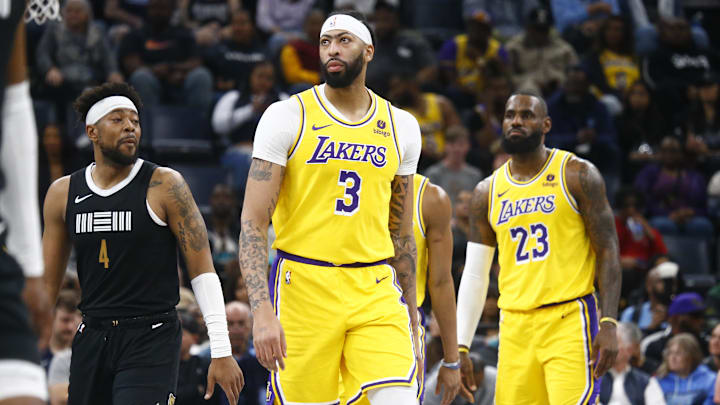 Los Angeles Lakers forward Anthony Davis (3) reacts during the first half against the Memphis Grizzlies at FedExForum. Mandatory Credit: Petre Thomas-Imagn Images