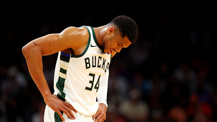 Mar 24, 2025; Phoenix, Arizona, USA; Milwaukee Bucks forward Giannis Antetokounmpo (34) reacts during the first quarter against the Phoenix Suns at Footprint Center. Mandatory Credit: Mark J. Rebilas-Imagn Images