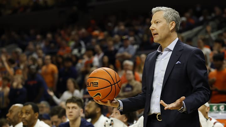 Mar 7, 2026; Charlottesville, Virginia, USA; Virginia Cavaliers head coach Ryan Odom gesture from the bench against the Virginia Tech Hokies in the first half at John Paul Jones Arena. Mandatory Credit: Geoff Burke-Imagn Images