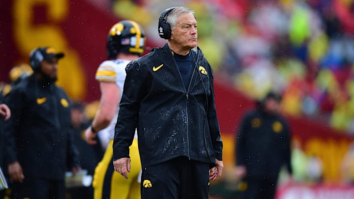 Nov 15, 2025; Los Angeles, California, USA; Iowa Hawkeyes head coach Kirk Ferentz watches game action against the Southern California Trojans during the first half at the Los Angeles Memorial Coliseum. Mandatory Credit: Gary A. Vasquez-Imagn Images