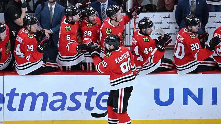 Oct 27, 2026; Chicago, Illinois, USA;  Chicago Blackhawks right wing Roman Kantserov (80) celebrates with teammates after he scores a goal against the Los Angeles Kings during the second period at United Center.  Mandatory Credit: Matt Marton-Imagn Images