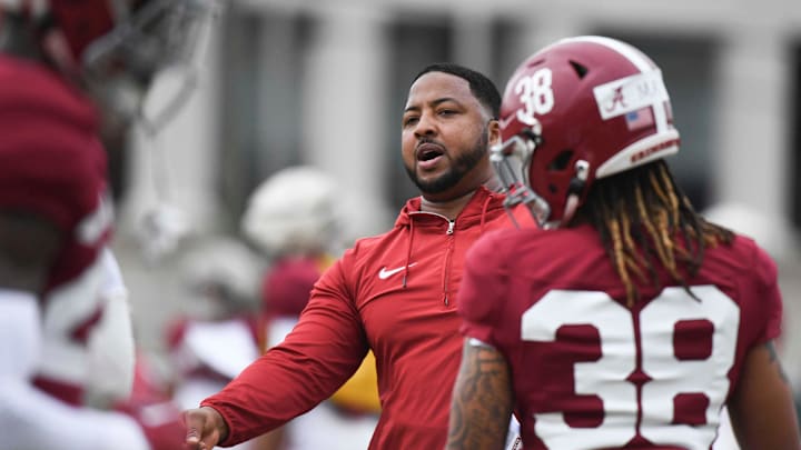 Mar 21, 2024; Tuscaloosa, Alabama, USA; Alabama co-defensive coordinator Maurice Linguist directs players during practice at the University Alabama Thursday.