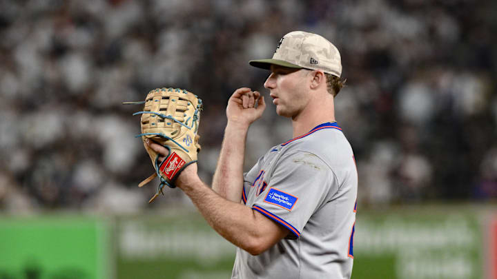 May 16, 2025; Bronx, New York, USA; New York Mets first baseman Pete Alonso (20) looks on from first base during the sixth inning against the New York Yankees at Yankee Stadium. Mandatory Credit: John Jones-Imagn Images