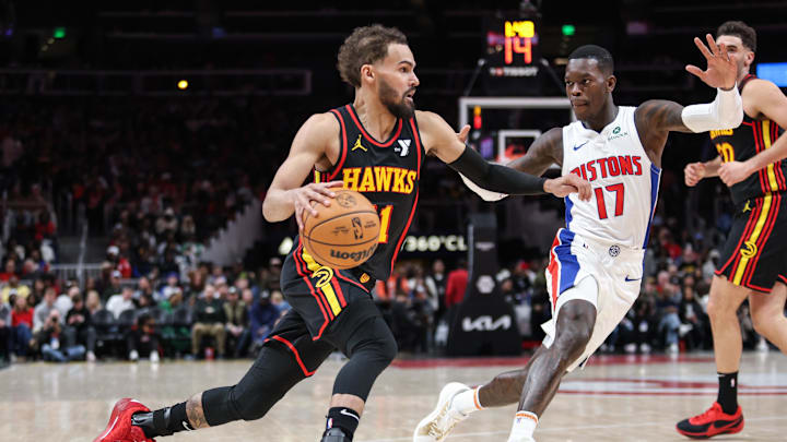 Feb 23, 2025; Atlanta, Georgia, USA; Atlanta Hawks guard Trae Young (11) drives the ball towards the goal against Detroit Pistons guard Dennis Schroder (17) during the third quarter at State Farm Arena. Mandatory Credit: Jordan Godfree-Imagn Images Feb 23, 2025; Atlanta, Georgia, USA; Atlanta Hawks guard Trae Young (11) drives the ball towards the goal against Detroit Pistons guard Dennis Schroder (17) during the third quarter at State Farm Arena. Mandatory Credit: Jordan Godfree-Imagn Images