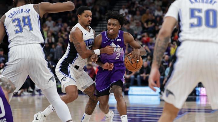 Feb 1, 2025; Salt Lake City, Utah, USA; Utah Jazz guard Collin Sexton (2) is fouled by Orlando Magic guard Gary Harris (14) during the second half at Delta Center. Mandatory Credit: Chris Nicoll-Imagn Images Feb 1, 2025; Salt Lake City, Utah, USA; Utah Jazz guard Collin Sexton (2) is fouled by Orlando Magic guard Gary Harris (14) during the second half at Delta Center. Mandatory Credit: Chris Nicoll-Imagn Images