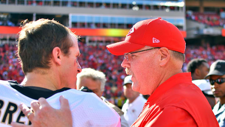 Oct 23, 2016; Kansas City, MO, USA; New Orleans Saints quarterback Drew Brees (9) is congratulated by Kansas City Chiefs head coach Andy Reid after the game at Arrowhead Stadium. The Chiefs won 27-21. Mandatory Credit: Denny Medley-Imagn Images