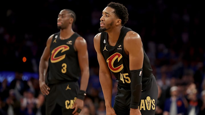 Apr 21, 2023; New York, New York, USA; Cleveland Cavaliers guards Donovan Mitchell (45) and Caris LeVert (3) react during the fourth quarter of game three of the 2023 NBA playoffs against the New York Knicks at Madison Square Garden. Mandatory Credit: Brad Penner-Imagn Images