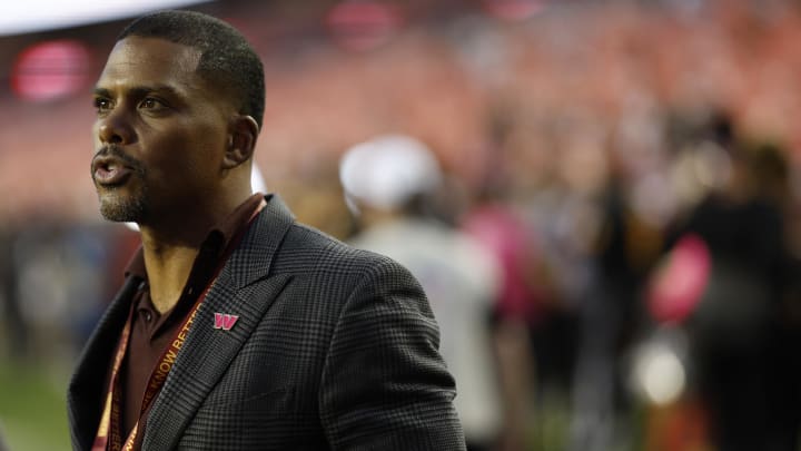 Oct 5, 2023; Landover, Maryland, USA; Washington Commanders president Jason Wright stands on the field prior to warmups before the Commanders' game against the Chicago Bears at FedExField. Mandatory Credit: Geoff Burke-USA TODAY Sports