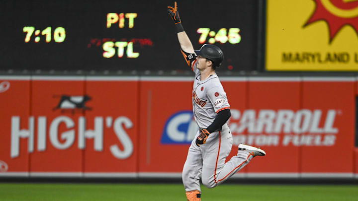 San Francisco Giants outfielder Mike Yastrzemski waves after hitting a lead-off home run against the Baltimore Orioles. San Francisco Giants outfielder Mike Yastrzemski waves after hitting a lead-off home run against the Baltimore Orioles.