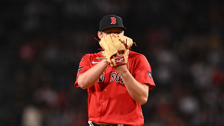 Sep 20, 2024; Boston, Massachusetts, USA; Boston Red Sox starting pitcher Richard Fitts (80) prepares to pitch against the Minnesota Twins during the first inning at Fenway Park. Mandatory Credit: Brian Fluharty-Imagn Images