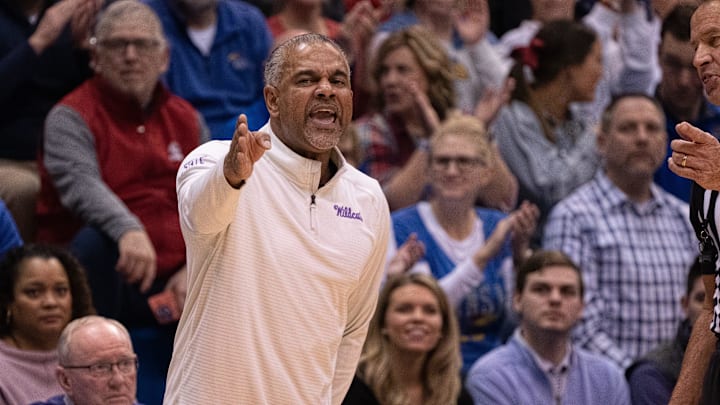 Kansas State coach Jerome Tang yells out after a call on his players in the first half of Tuesday's Sunflower Showdown against Kansas inside Allen Fieldhouse. Kansas State coach Jerome Tang yells out after a call on his players in the first half of Tuesday's Sunflower Showdown against Kansas inside Allen Fieldhouse.