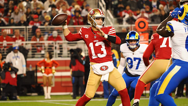 Dec 12, 2024; Santa Clara, California, USA; San Francisco 49ers quarterback Brock Purdy (13) throws the ball against the Los Angeles Rams during the first quarter at Levi's Stadium. Mandatory Credit: Kelley L Cox-Imagn Images