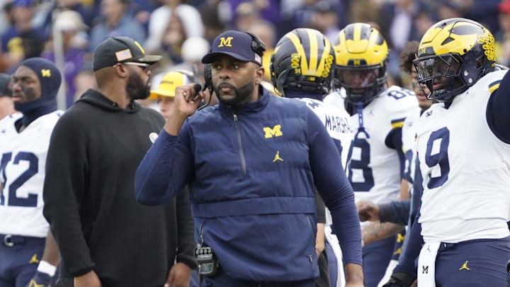 Nov 15, 2025; Chicago, Illinois, USA; Michigan Wolverines head coach Sherrone Moore on the sidelines against the Northwestern Wildcats during the first half at Wrigley Field. Mandatory Credit: David Banks-Imagn Images