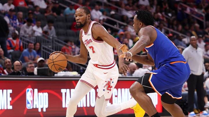 Mar 31, 2026; Houston, Texas, USA; Houston Rockets forward Kevin Durant (7) dribbles the ball as New York Knicks forward/guard Og Anunoby (8) defends during the first quarter at Toyota Center. Mandatory Credit: Troy Taormina-Imagn Images Mar 31, 2026; Houston, Texas, USA; Houston Rockets forward Kevin Durant (7) dribbles the ball as New York Knicks forward/guard Og Anunoby (8) defends during the first quarter at Toyota Center. Mandatory Credit: Troy Taormina-Imagn Images