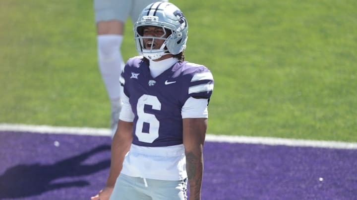 Kansas State Wildcats safety Qua Moss (6) celebrates an interception during the second half of the game against UCF Knights at Bill Snyder Family Stadium on Sept. 27, 2025.