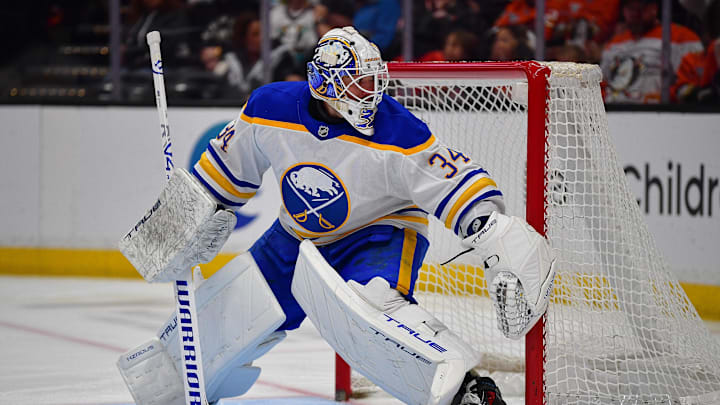Mar 22, 2026; Anaheim, California, USA; Buffalo Sabres goaltender Alex Lyon (34) defends the goal against the Ahaheim Ducks during the second period at Honda Center. Mandatory Credit: Gary A. Vasquez-Imagn Images