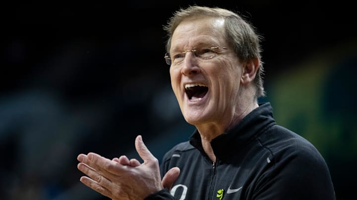 Oregon head coach Dana Altman cheers on his team as the Oregon Ducks host the California Golden Bears.