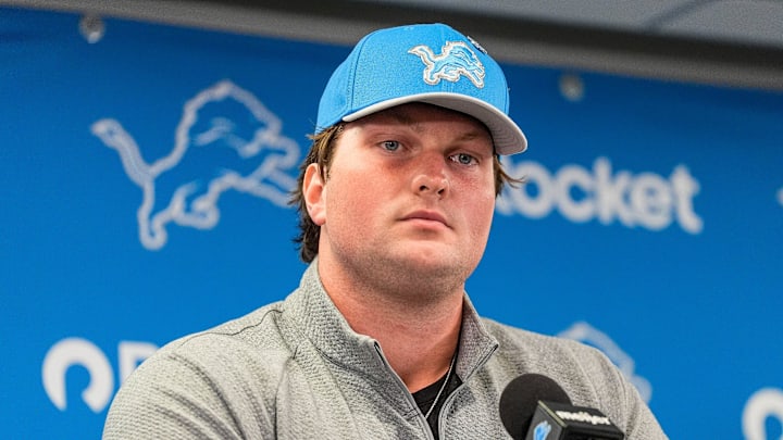 Detroit Lions first round draft Blake Miller answers a question during his introductory press conference 