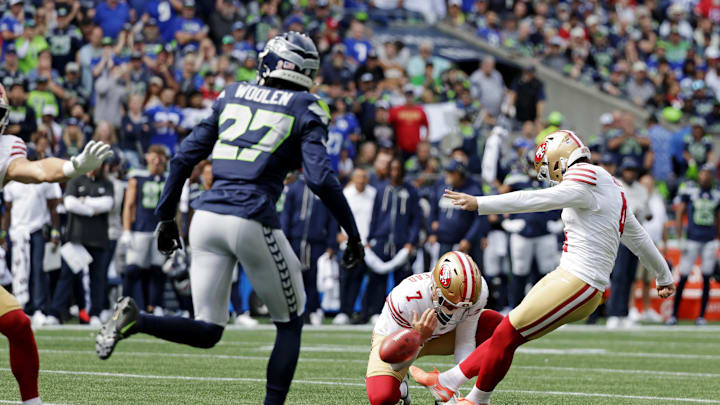 San Francisco 49ers place kicker Jake Moody (4) makes a kick during the first half against Seattle Seahawks