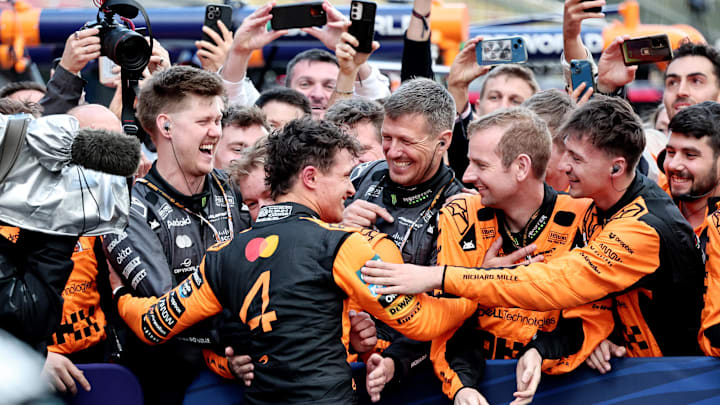[US, Mexico & Canada customers only] March 16, 2025; Melbourne, AUSTRALIA; Lando Norris celebrates after winning the F1 Australian Grand Prix at Albert Park Grand Prix Circuit. Mandatory Credit: Mark Peterson/Reuters via Imagn Images