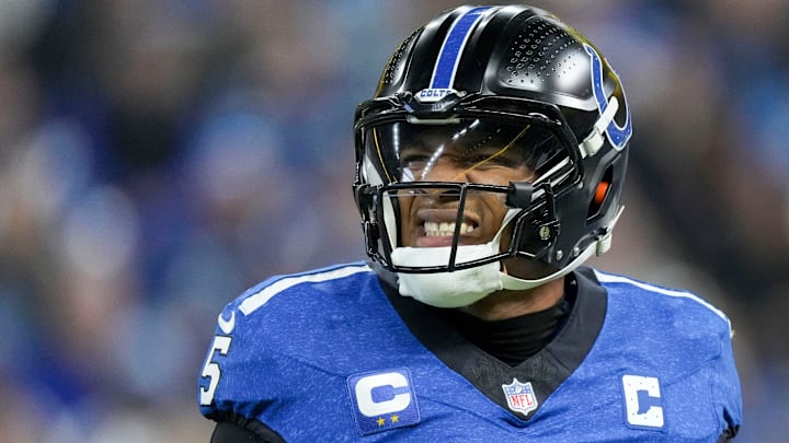 Indianapolis Colts quarterback Anthony Richardson (5) reacts Sunday, Nov. 24, 2024, during a game against the Detroit Lions at Lucas Oil Stadium in Indianapolis.