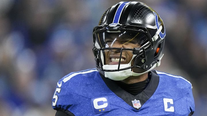 Nov 24, 2024; Indianapolis, Indiana, USA; Indianapolis Colts quarterback Anthony Richardson (5) reacts during a game against the Detroit Lions at Lucas Oil Stadium. 